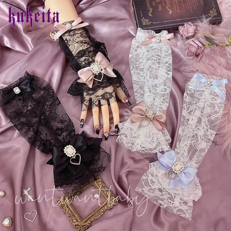 Y2k Aesthetic Gothic Lace Gloves Japanese Lolita Kawaii Bow Mesh Length Sleeves Fingerless Punk Gloves Cosplay Party Accessory