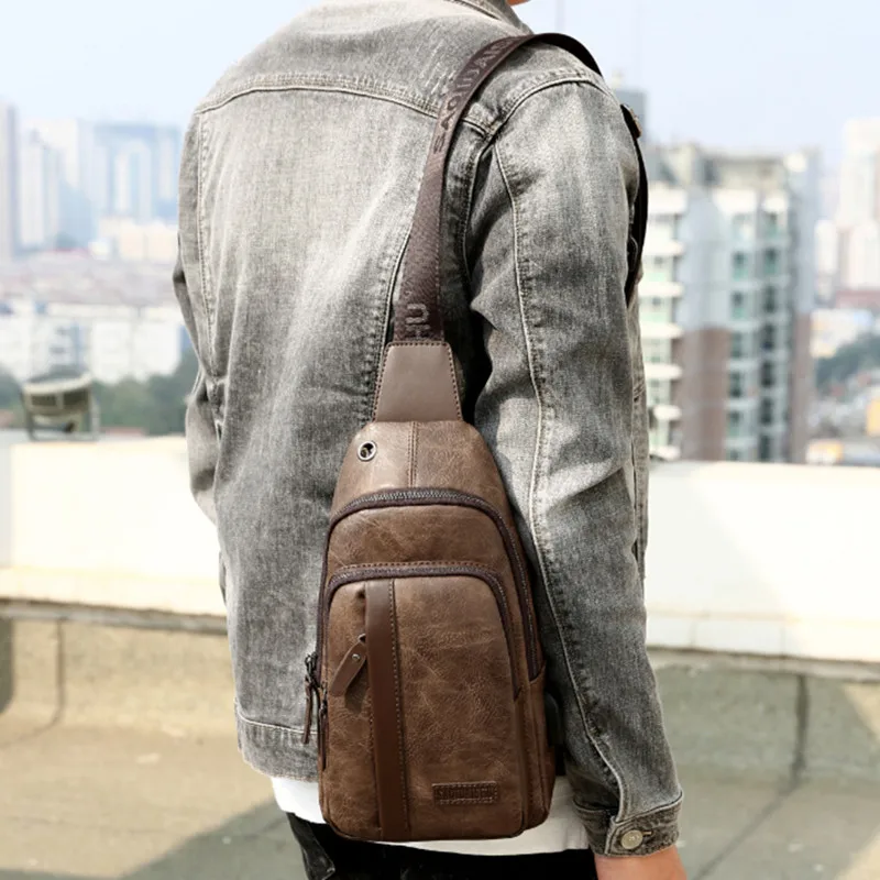 Vintage USB Charging Men's Chest Bag Large Capacity Leather Shoulder Bag Male Outdoor Crossbody Bag Fashion Business Sling Bag