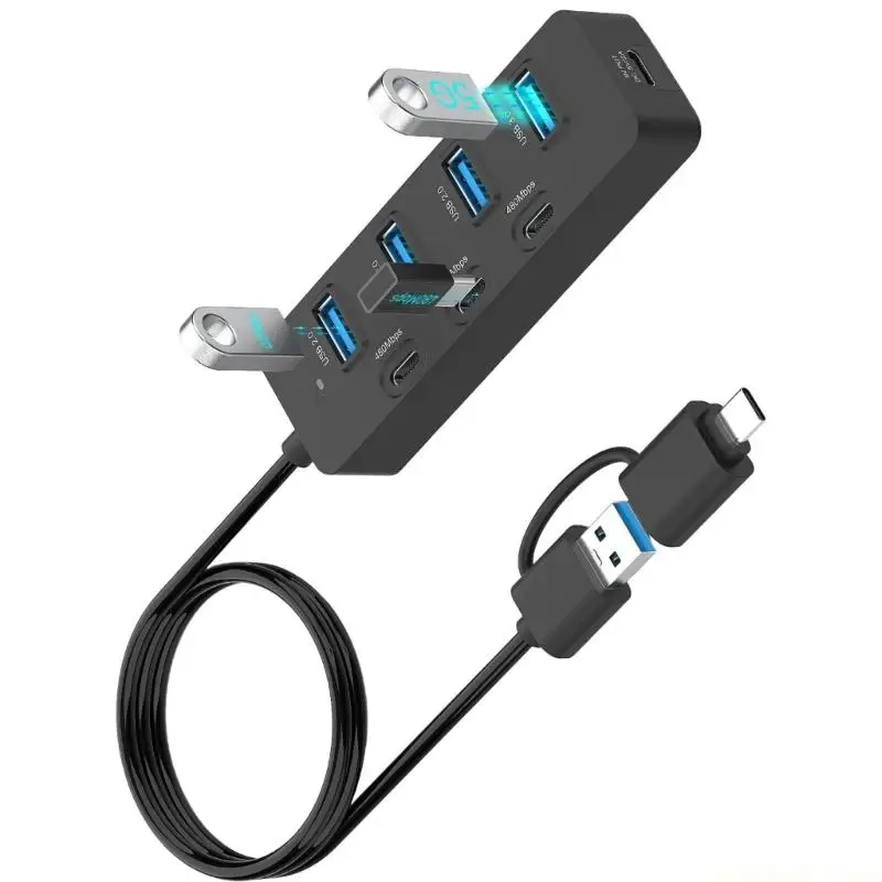 LED Equipped USB Hubs 7 Port Double Plugs for Hot Swap and Portability