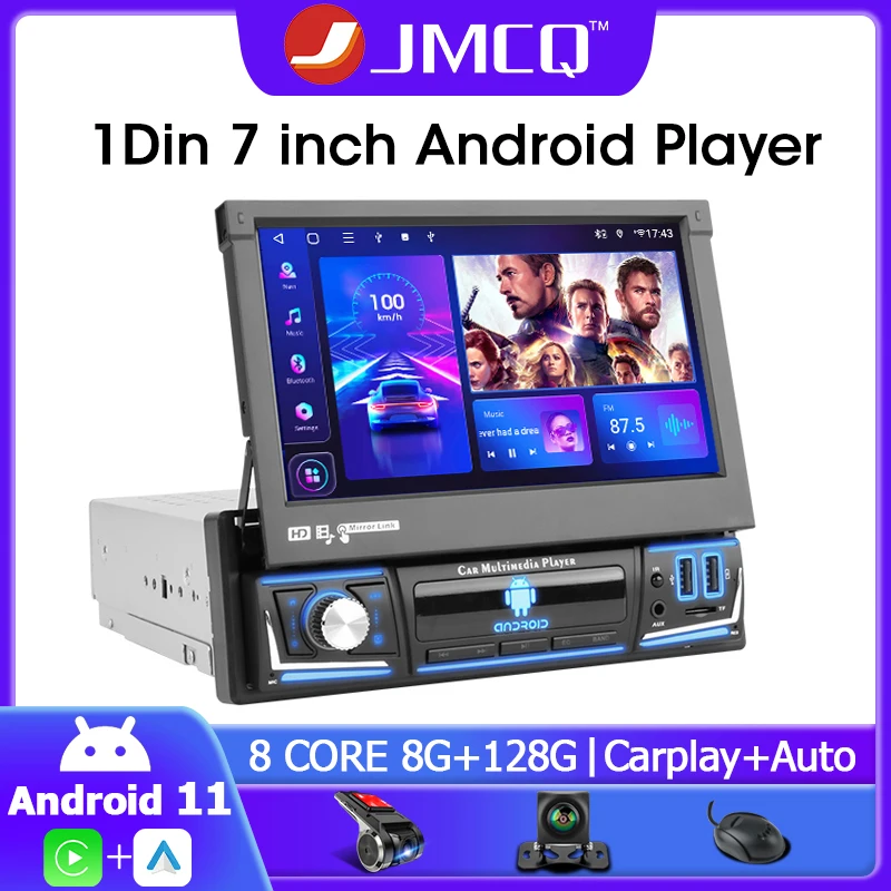 

JMCQ 1din Universal Android 11 Car Radio GPS Navigation 7" IPS Retractable Screen Multimedia Player 4G Carplay Stereo autoradio