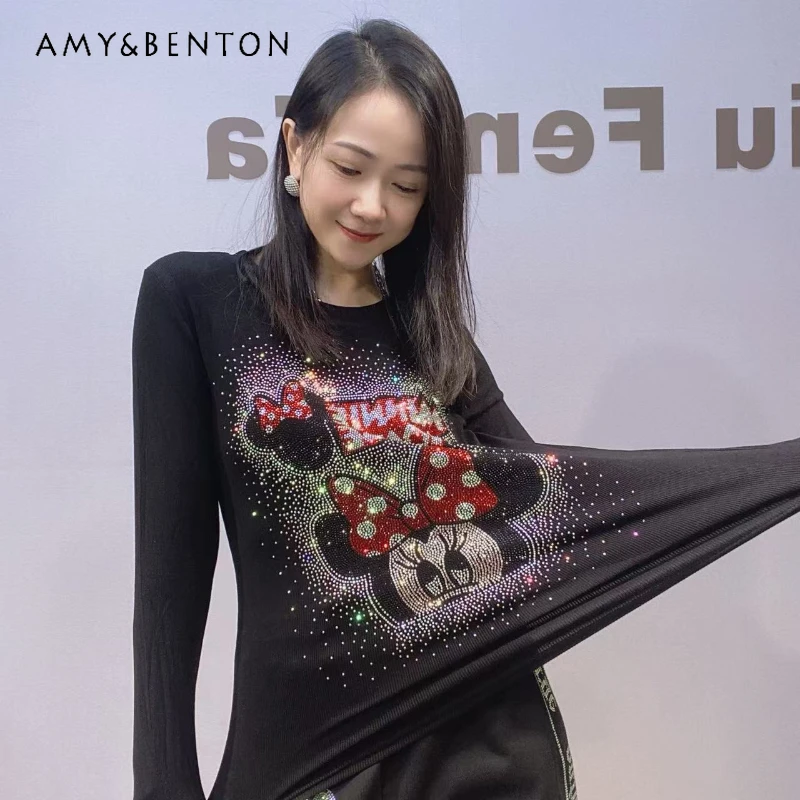 

Sweet Cute Slimming Oversized Round Neck Rhinestone Botomming Shirt For Women's Autumn Winter Long Sleeved Inner Top T-shirts