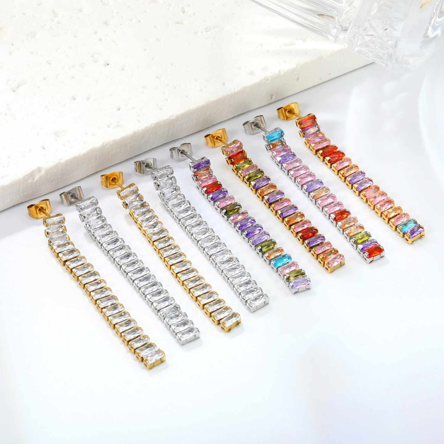 LUXUKISSKIDS Luxury Dazzling Cubic Zirconia Dangle Earrings Stainless Steel Long Drops Tennis Tassel aretes Woman Party Jewelry