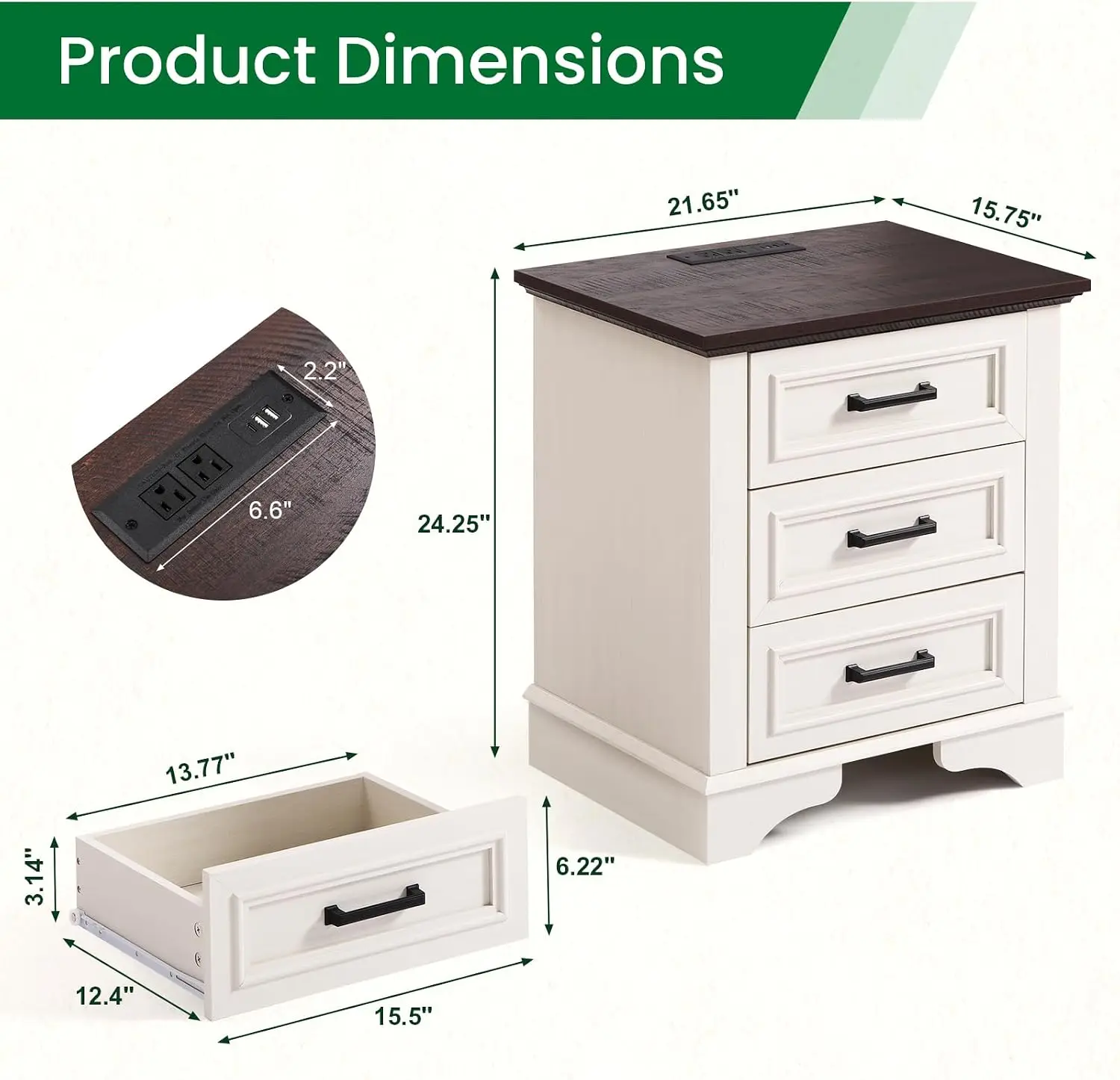 22-Inch Wide Modern Nightstand with Charging Station, End Table with 3 Large Drawers, Simple Design Bedside Table for Bedroom an