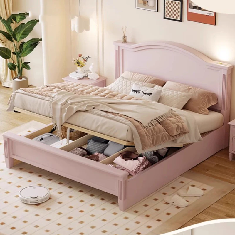 Large American Double Bed Simple Girls European Style Double Bed Solid Wood Camas Moderrnas Inteligentes Bedroom Furniture