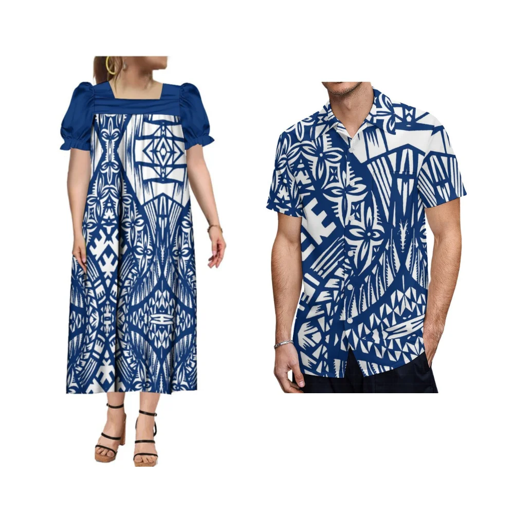 High Quality Couple Set Mumu Women'S Square Neck Dress Mumu Micronesian Clothing Polynesian Design Men'S Shirt