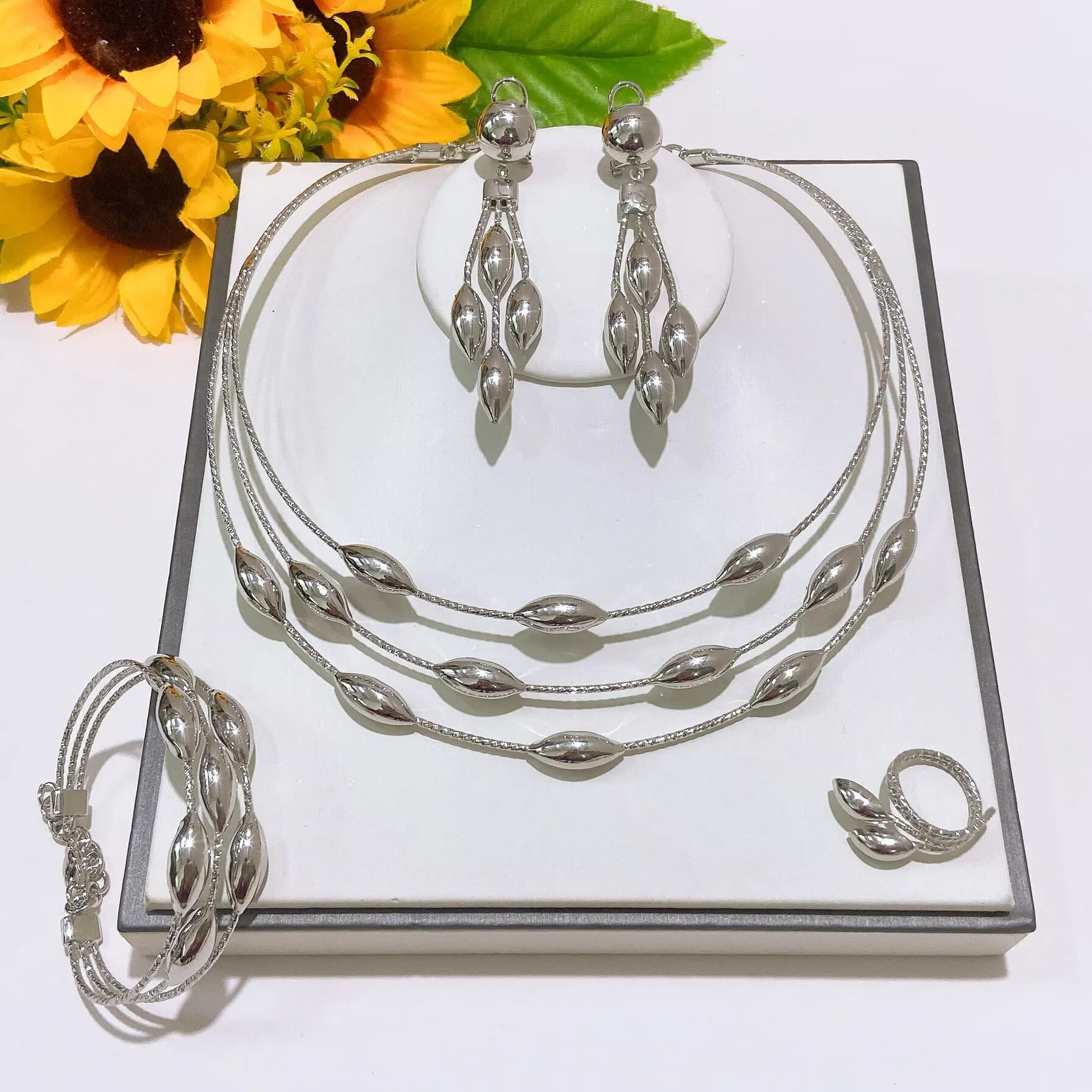 Yulaili Silver Color Olive Design Jewelry Set Three Layer Necklace Bracelet Earrings Ring For Women Luxury Evening Wear Jewelry