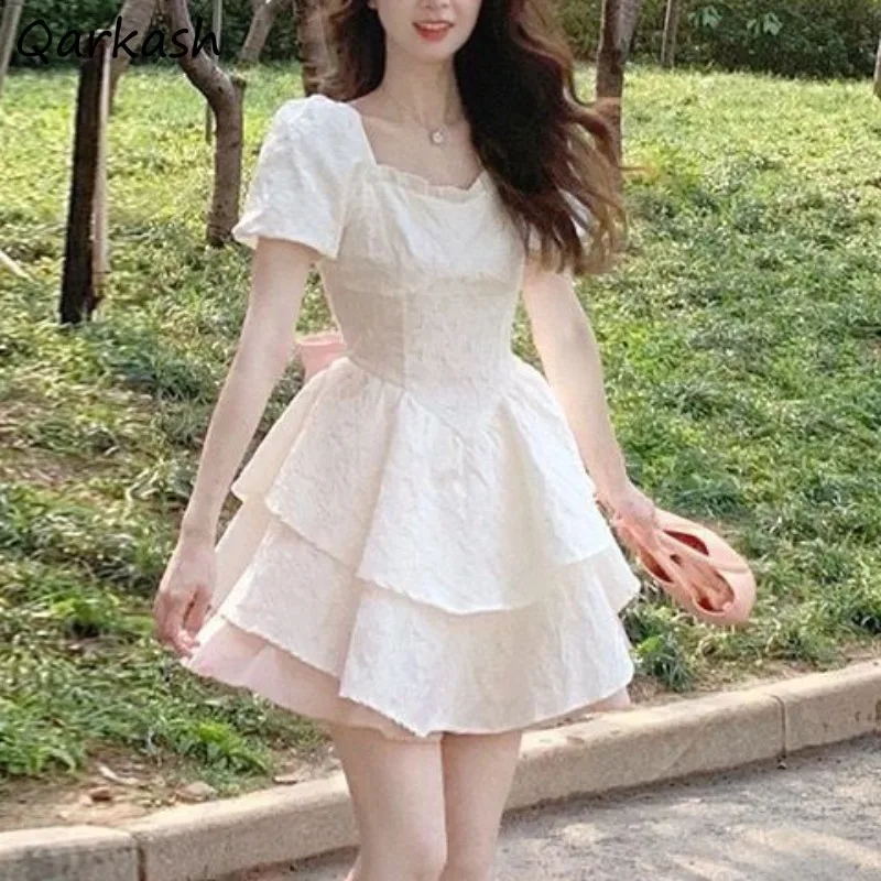 

Sweet Dresses for Women Mini Bow Lovely Clothing V-neck Cake Chic Korean Style Panelled Design Summer High Street Popular Ins