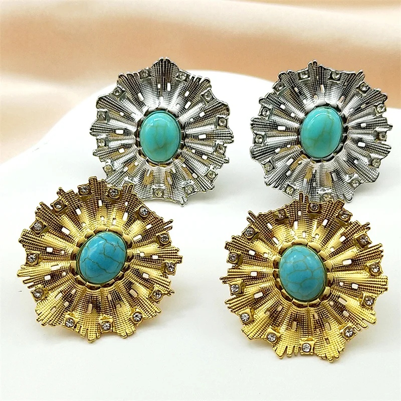 

Vintage Flower Turquoise Stones Hoop Earrings For Women Girls Stainless Steel Gold Color Stud Earring Rhinestone Jewelry Gift