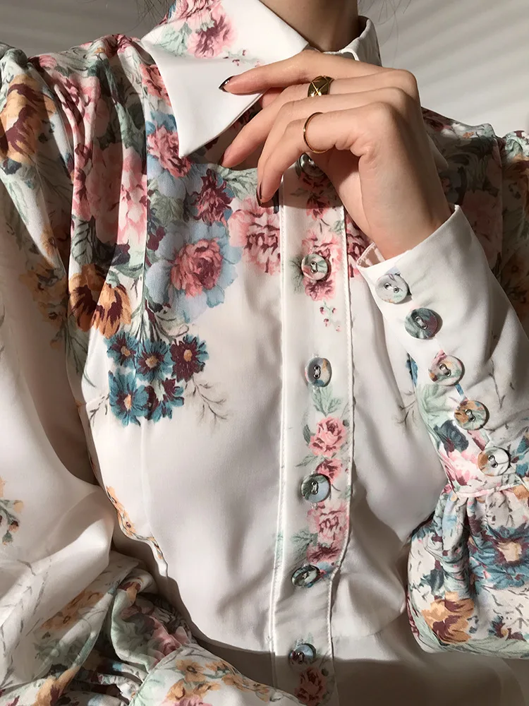 Autumn Women\'s Long Sleeve Floral Printed Shirt Style Dress Spring New French Elegant Single Breasted Fashion Long Dresses