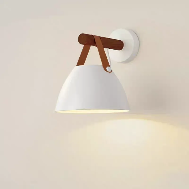 LED Bedside Wall Lamp Nordic Wood Leather Belt Hanging Sconces For Bedroom Study Living Room Modern Home Indoor Decorative Light