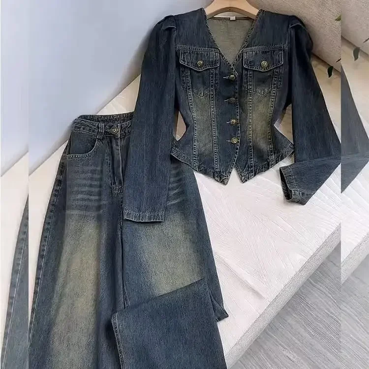 V-Ausschnitt Denim Mantel weites Bein Jeans Hose 2-teiliges Set Damen Outfits Y2k Anzüge Vintage Herbst Winter Jacke lose Hosen Z332