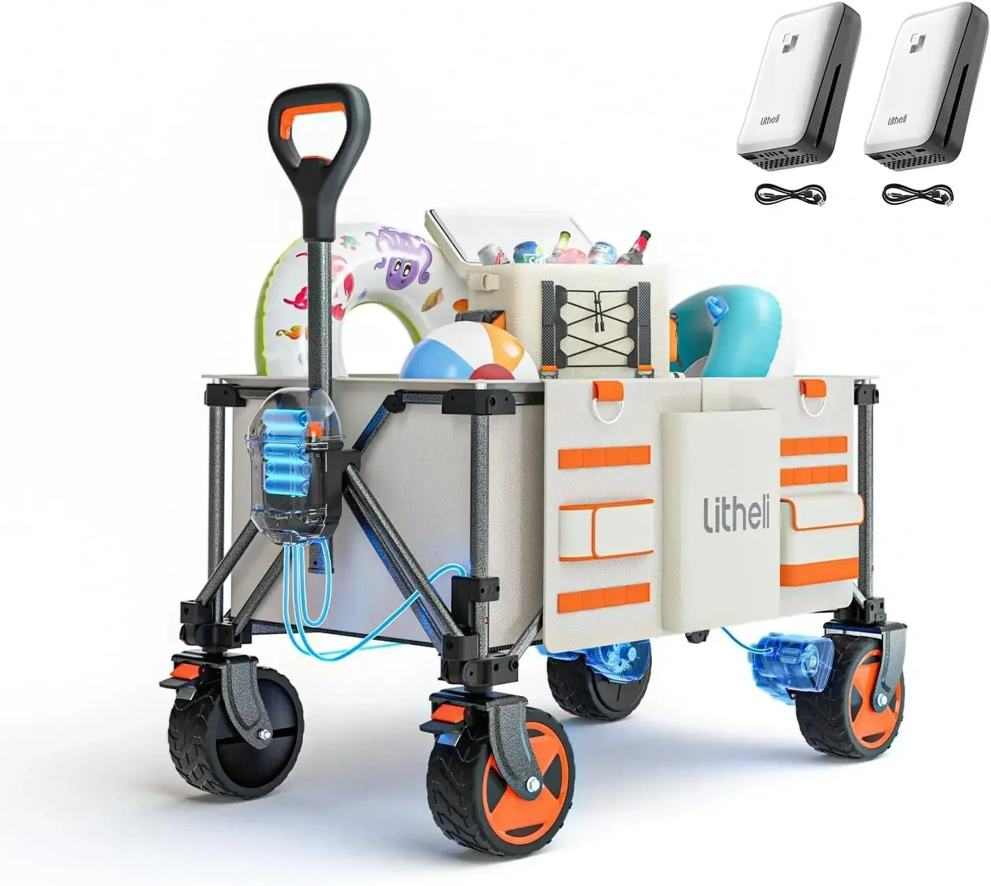 Battery Powered Utility Wagon Cart Foldable All Terrain Wheels Variable Speed Drive Capacity Load For Camping Beach Garden Shopp