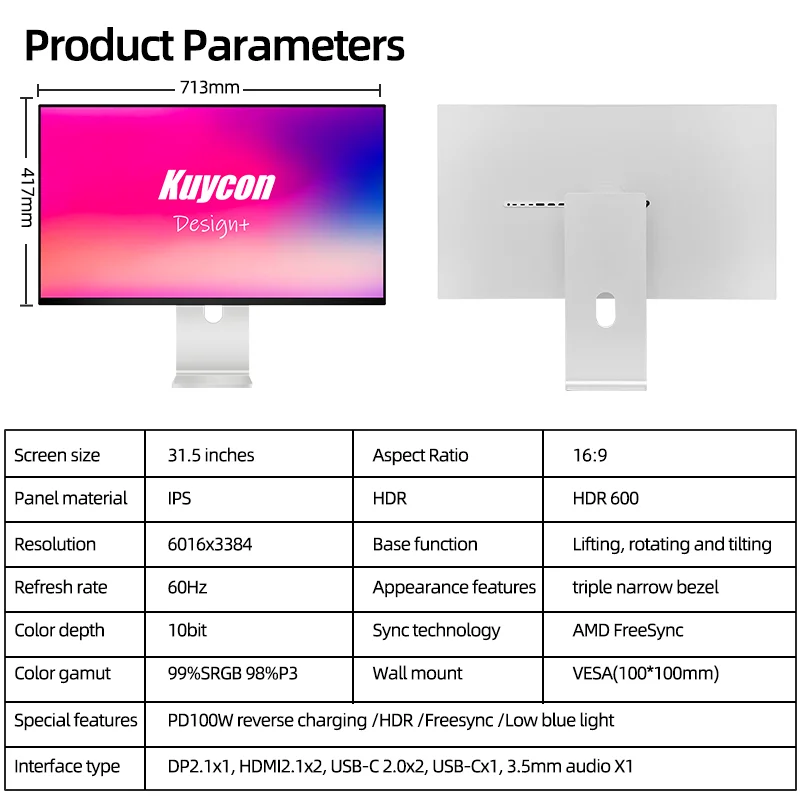 KUYCON G32X 60 Hz 1500:1 Contrast Ratio 500cd/m Brightness IPS 32 Inch Display Desktop Computer Monitor 6k Screen With Bracket
