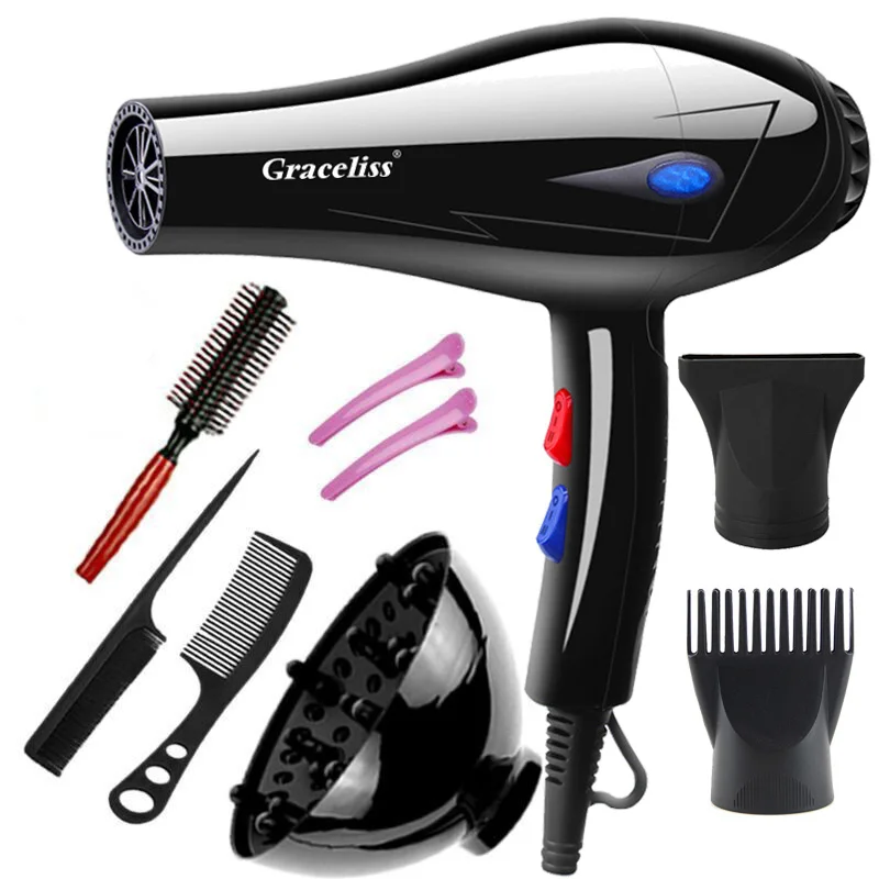 Secador de cabelo profissional para salão, uso doméstico, secador com bicos, ajuste de ar frio quente secador de viagem plugue da UE 1800W