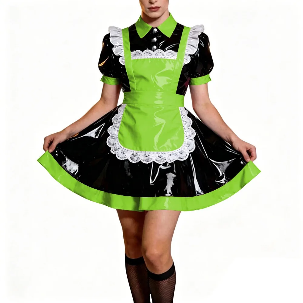 

Crossdresser French Sweet Lolita Maid Dress Oufits Sissy Glossy PVC Leather Puff Sleeve Maid Dress Elegant Party Cosplay Costume