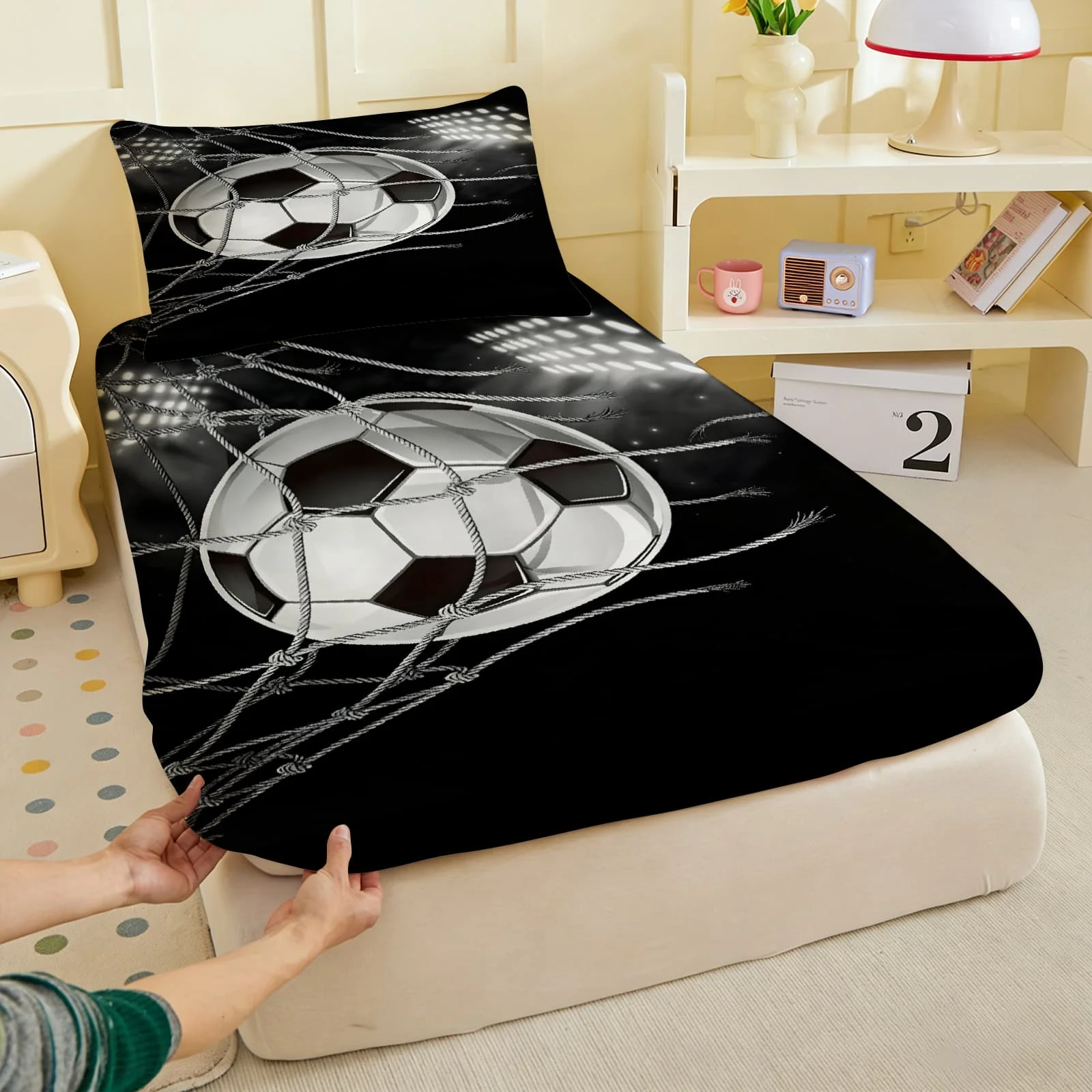 1pc Realistic Soccer Ball in Net Print Fitted Sheet Deep Pocket Elastic Mattress Cover Single Double Queen King Bedroom Decor
