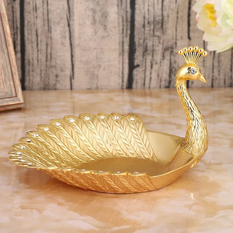 

Pretty Gold Peacock Fruit Plate Luxury Zinc Alloy Tray Delicate Storage Plate for Candy Trinket Jewelry Snack Serving Home Decor