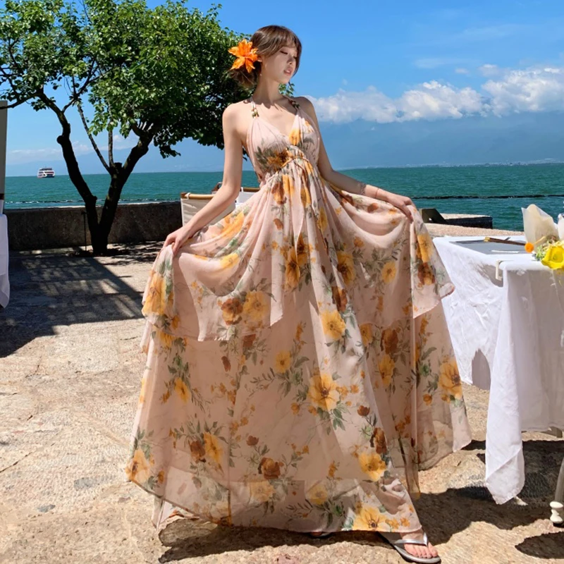 2025 여름 우아한 패션 보헤미안 플로럴 프린트 쉬폰 롱 드레스 여성 섹시 V넥 백리스 캐주얼 휴가 비치 드레스
