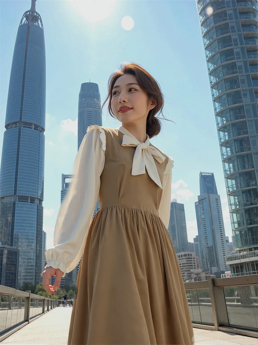 Robe noire pour femmes, coupe régulière, Style Preppy, automne printemps, panneaux transparents, chaîne à volants, tempérament surdimensionné dégradé