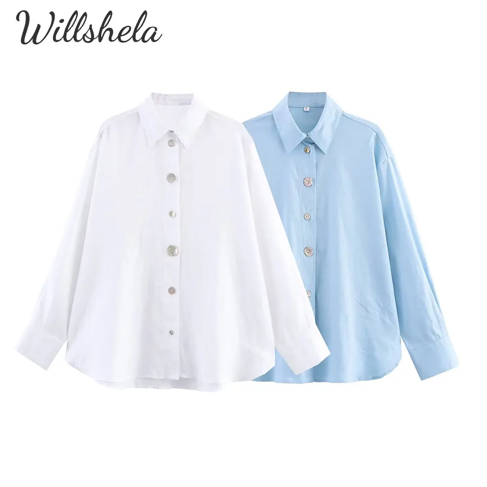 

Willshela Women Fashion Solid Linen Shirt Lapel Collar Long Sleeves Female Chic Lady Casual Mujer Tops Blouse