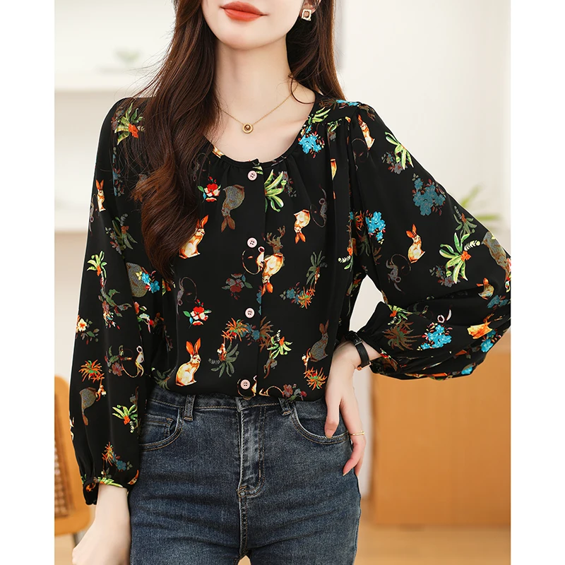 Women Spring Fashion Loose Prairie Chic Floral Chiffon O-neck Long Sleeve Shirts Women Clothes Casual All-match Appear Thin Tops