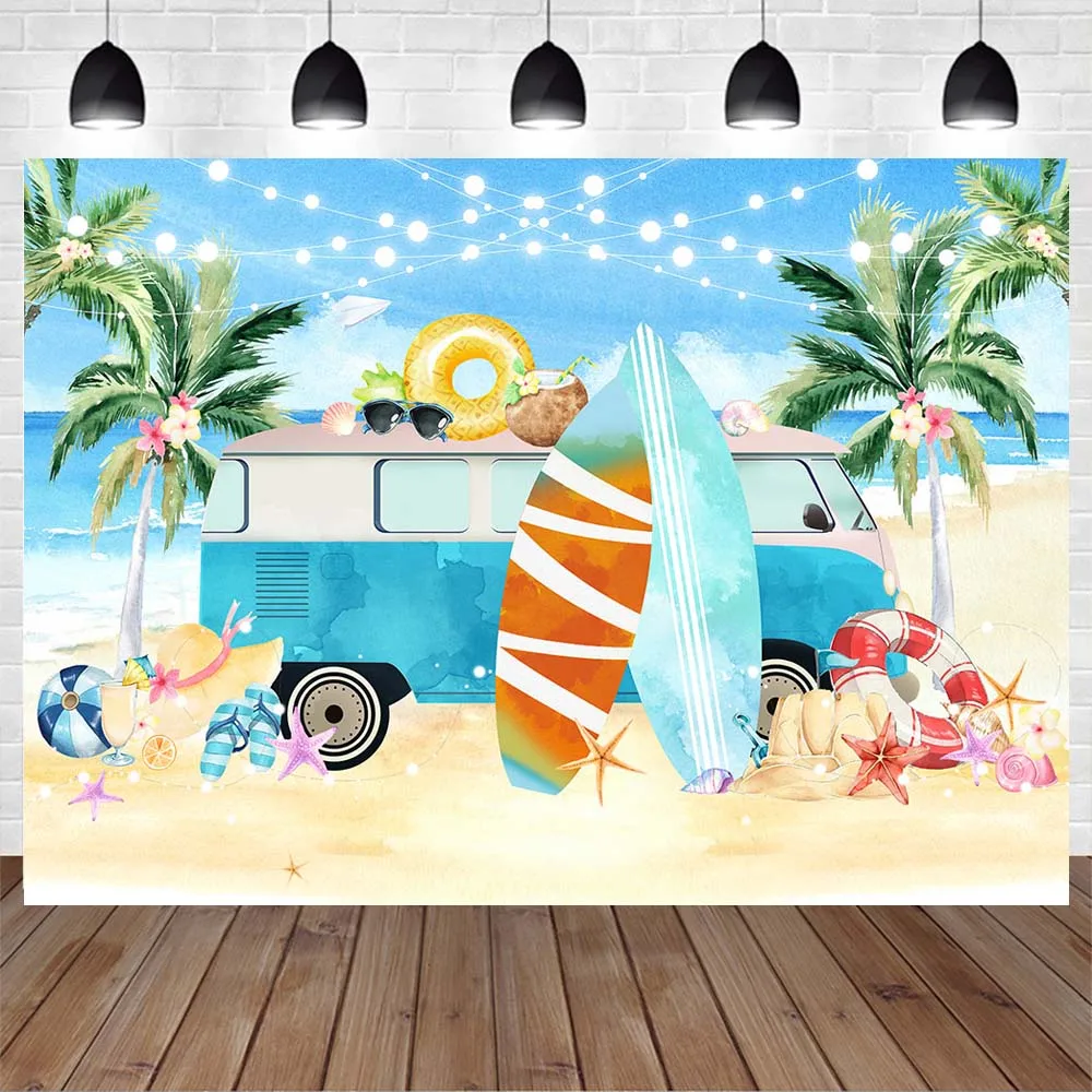 Mocsicka ฤดูร้อน Beach ฉากหลังกระดานโต้คลื่น Van Palm Tree Holiday Seaside ถ่ายภาพพื้นหลังภาพเด็กทารก Photocall Photobooth