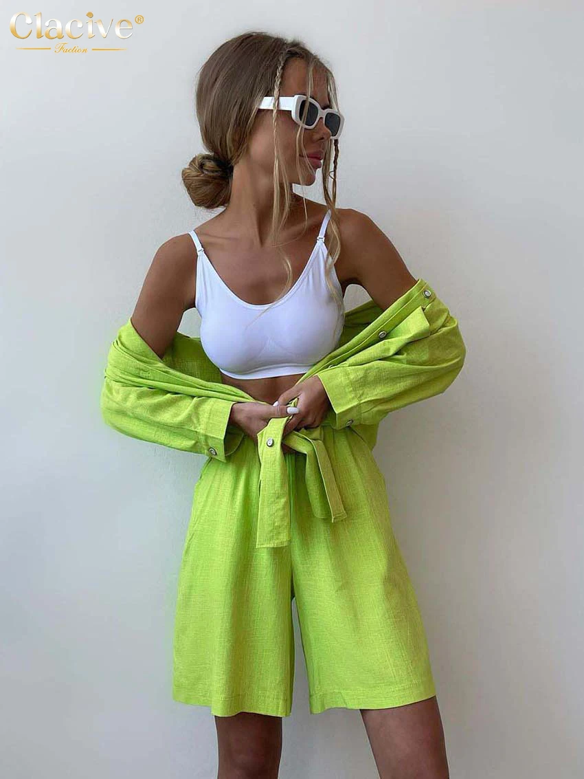 Clacive Fashion Green Office Women\'S Suit Casual Loose High Waist Shorts Set Female Elegant Long Sleeve Blouse Two Piece Set