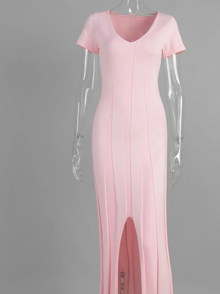 

Short-sleeved Dresses For Woman Knitted Long Dress 2026 New V-neck Slim Vestidos Solid Color Bodycon simple Style Comfortable