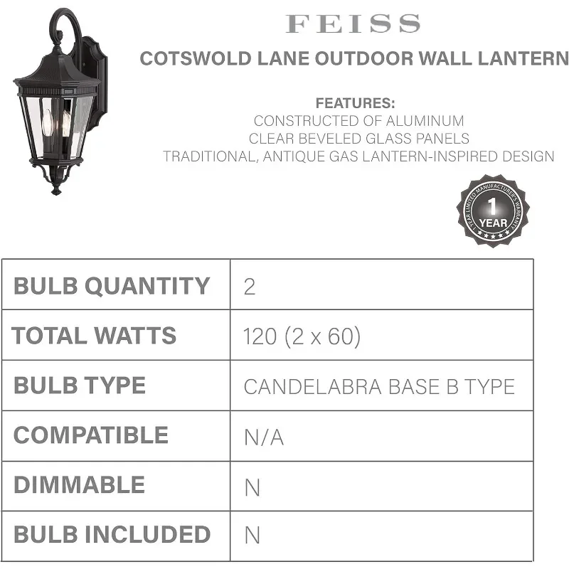 Cotswold Lane-Lanterne murale d'extérieur, éclairage extérieur, noir, 2 lumières, 9 "W x 21" H, consolidation 120