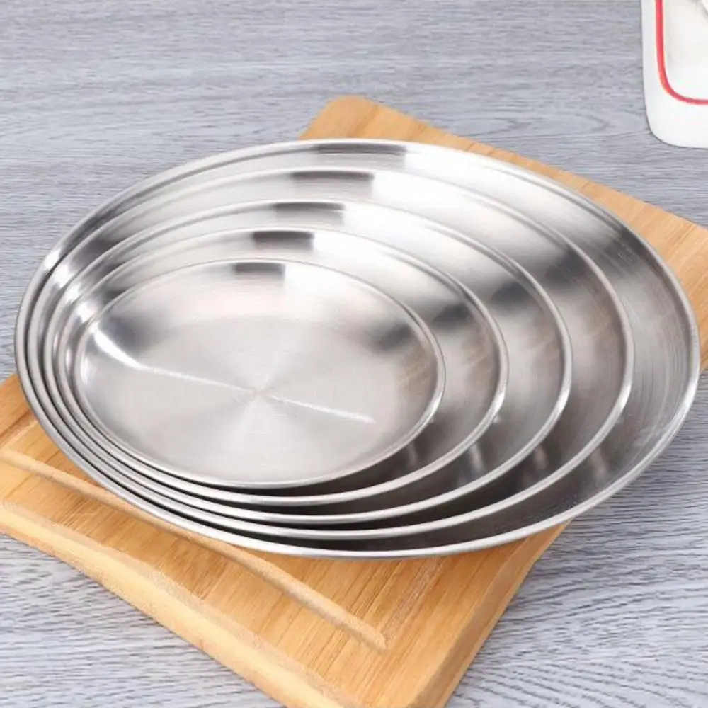 Metal Tray Stainless Steel Dining Tray Round Thickened Dessert Single-layer BBQ Tableware Dish Fruit Dessert Dish Snack Plate