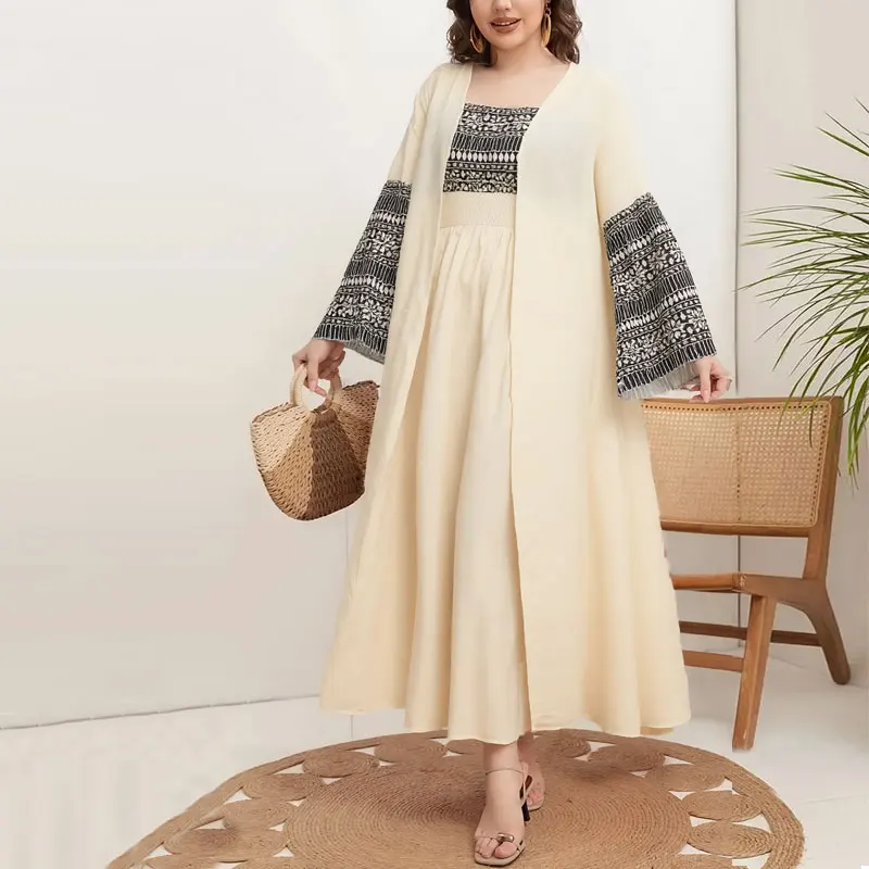 

Fashion Embroidery Kimono Oversized Muslim Robe Syari Female Full Length Muslim Outerwear Worship Service Abaya With Belt wy1946