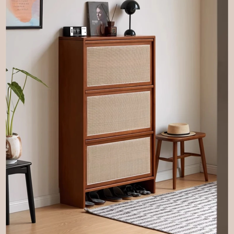 

-Solid wood rattan shoe cabinet, antique style and large-capacity household entrance entrance cabinet in the living room