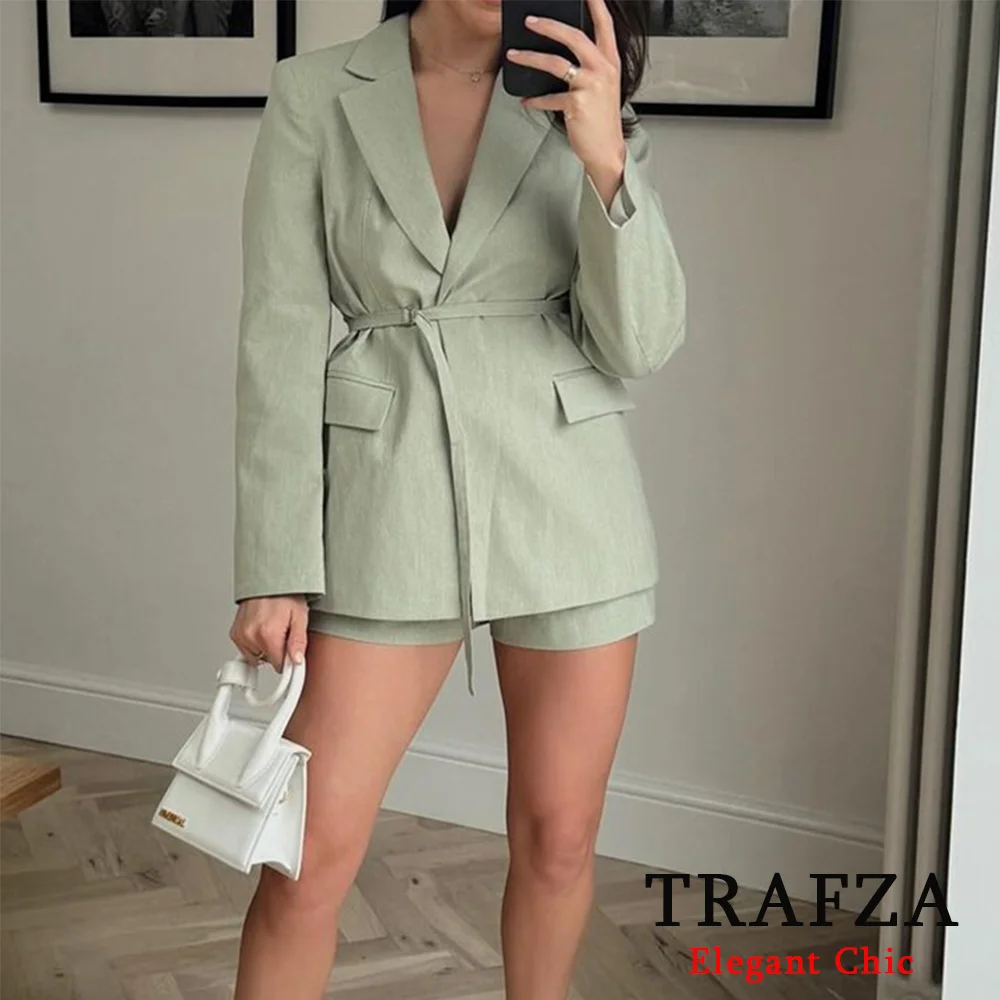 TRAFZA Casual Spaghetti Belt Blazer Women\'s Slim Waist British Overcoat New for 2024 Spring Autumn Version Medium Length Coat