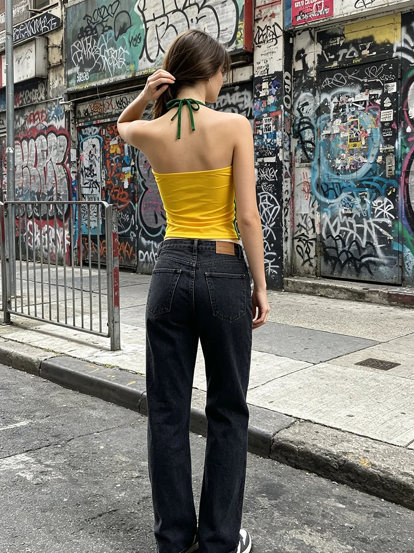 Women Fashion Brazil Flag Patch Halter Camisole Green Side Stripes Self Tie Back Slim Cropped Y2K Football Fan Layering Tank Top