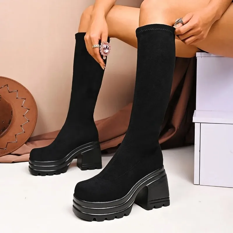 Large Size Square Toe Women's Boots Thick Bottom British Style Long Tube Autumn Winter High Heel Knight Boots Adult Pure Color