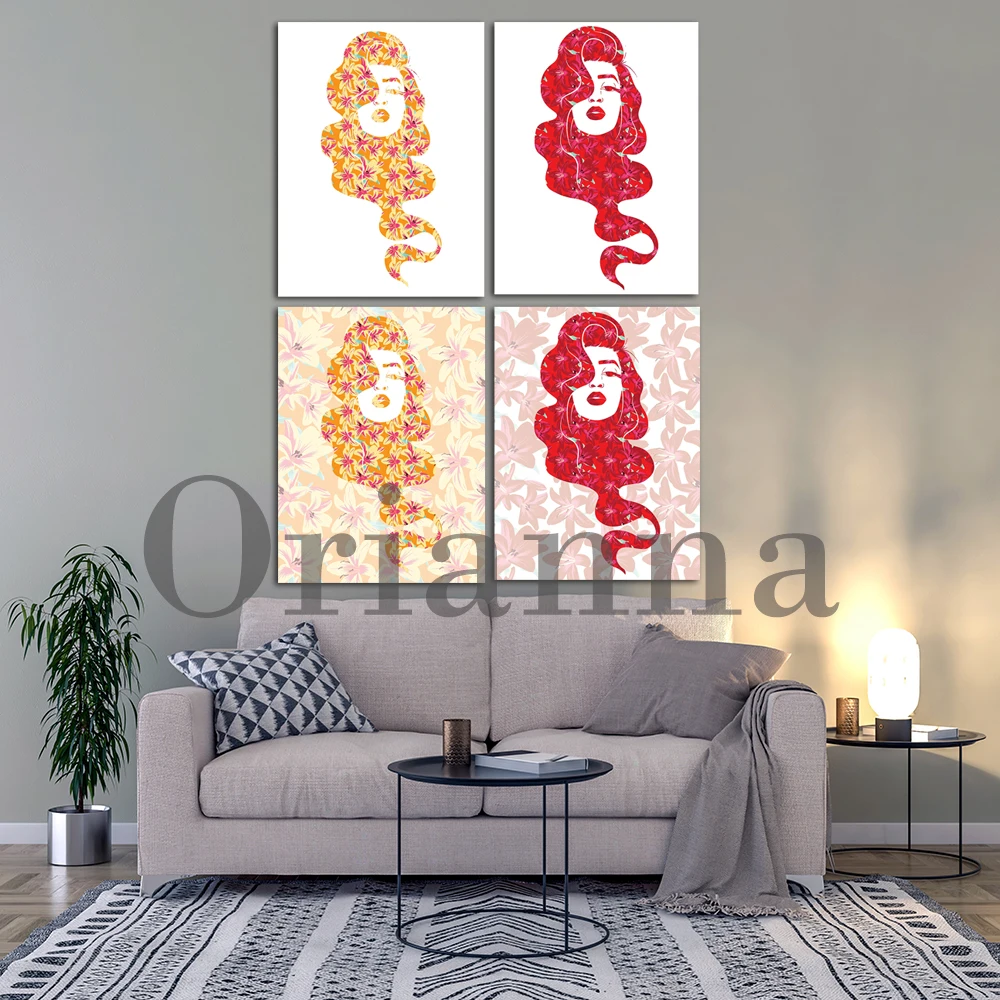 Abstract Independent Strong Women Fashion Women Head Flower Red Yellow Wall Art Print Poster Beauty Salon Bedroom Decor Painting