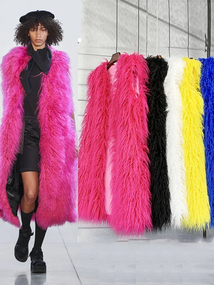 Mongolia Sheep Fur Women Long Vest Colorful Warm Faux Fur High Street Plush Coats Female Jacket Autumn Winter Furry Outerwear