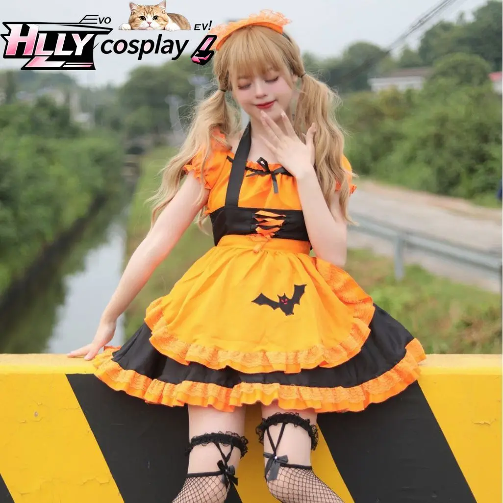 Halloween Anime Embroidered Bat Maid Cosplay Dress Black Orange Shoulder Sexy Vampire Witch Costume Cute Lace Up Ruffles Women