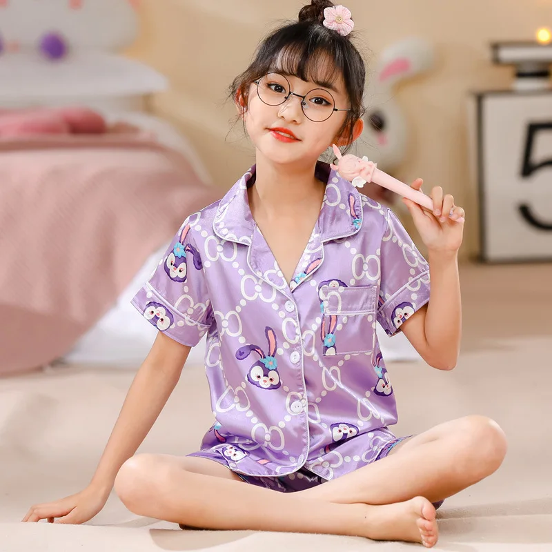 Pajama Girl Ice Silk Short Sleeve Cardigan Sweet Cute Cartoon Sleepwear Pyjamas Robe Children\'s Clothing Mother Kids