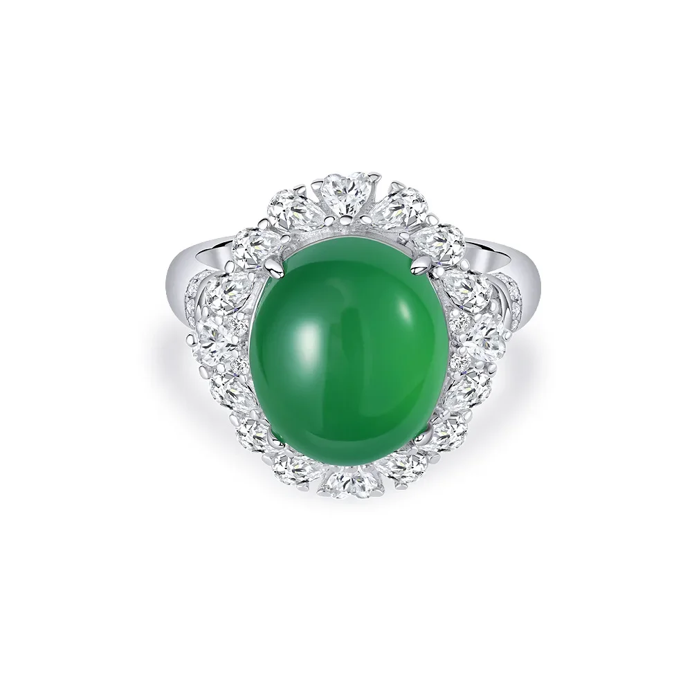 

2025 S925 Silver Charm Classic Green Jade Marrow Egg Noodles 12 * 14 Fashionable Versatile Ring Wedding Jewelry