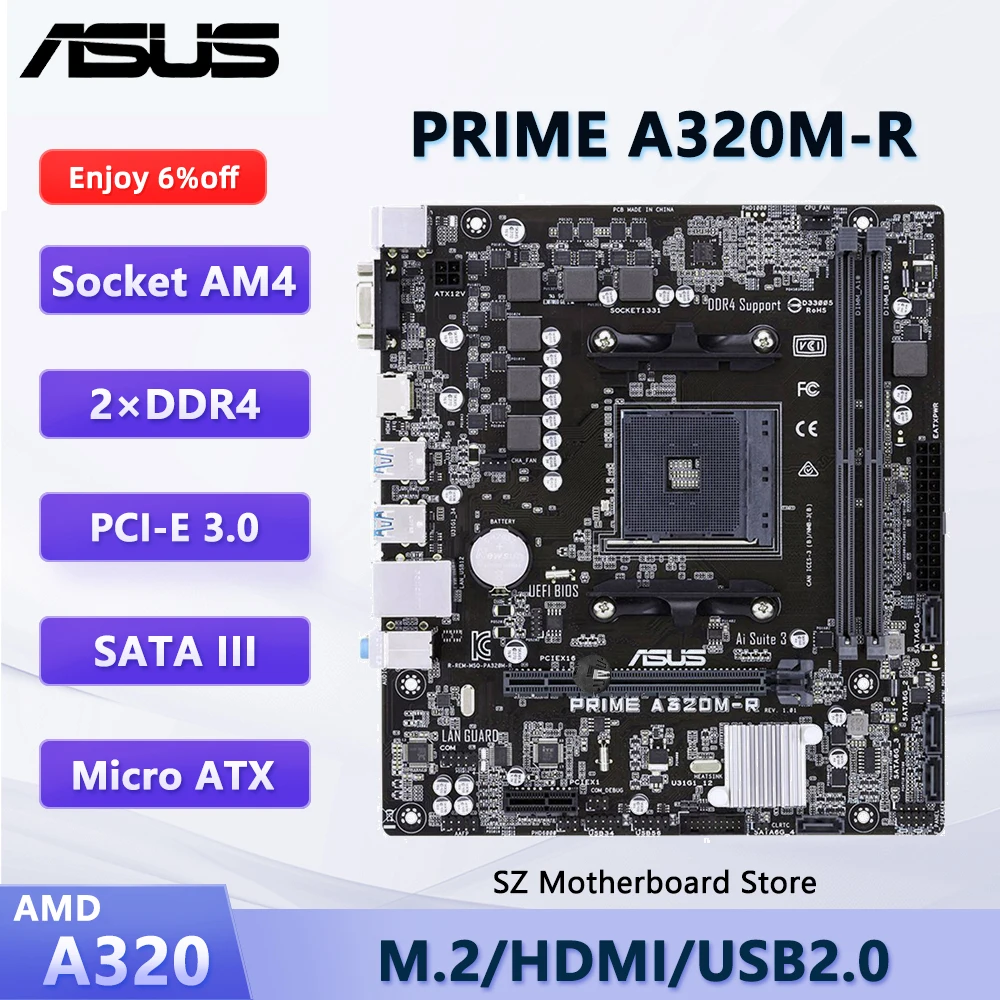 

База Placa ASUS PRIME A320M-R A320 AM4 для AMD Ryzen 5/7/3 5600G 5700G 3200G Процессор DDR4 SATA 3,0 M.2 NVMe SSD Micro-ATX