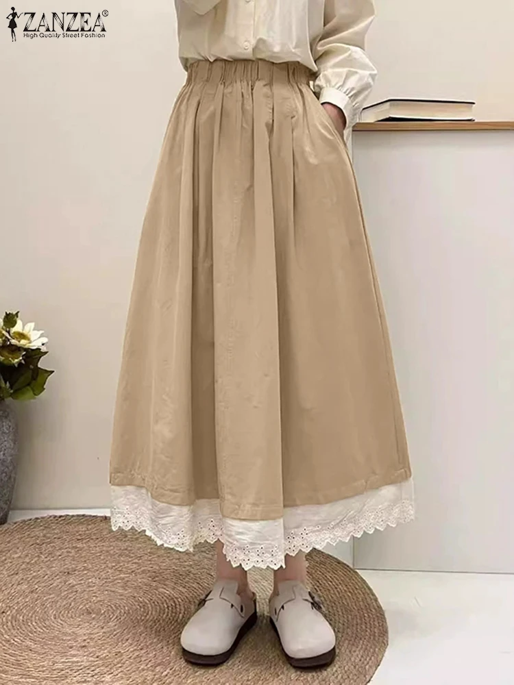 

ZANZEA 2025 Elastic Waist Overskirts Women Lacing Splicing Skirts Casual Loose A-Line Jupes Elegant High Waist Pockets Faldas