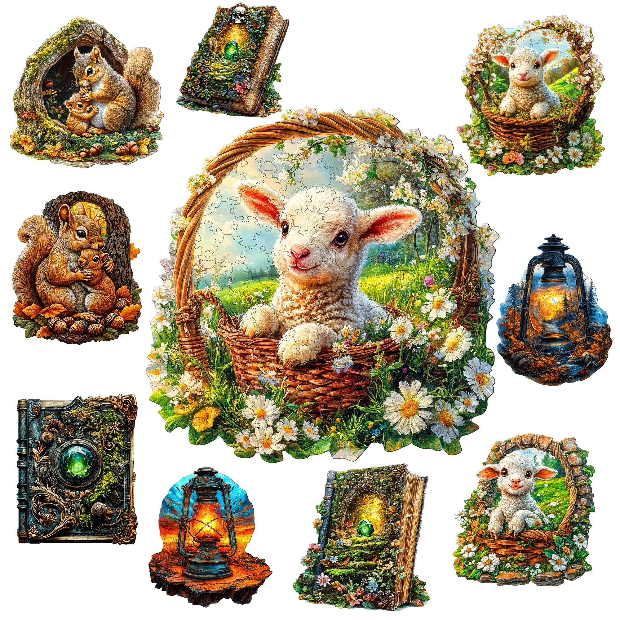 Little Lamb and Magic Book Theme Wooden Jigsaw Puzzle Wooden Decor Painting Christmas and Halloween Gift Toy For Teen And Kid