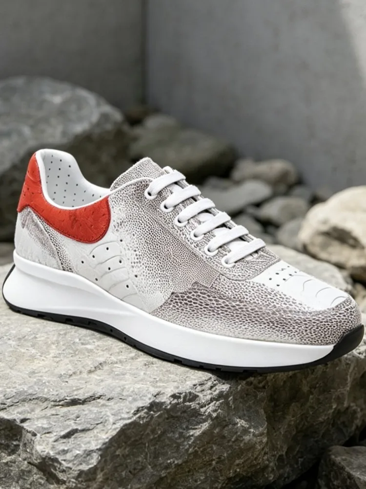 Luxury Men Ostrich Real leather Sneakers Mixed Colors Lace Up Casual Shoes Thick Platform Genuine Leather Joggers Trainers Shoes