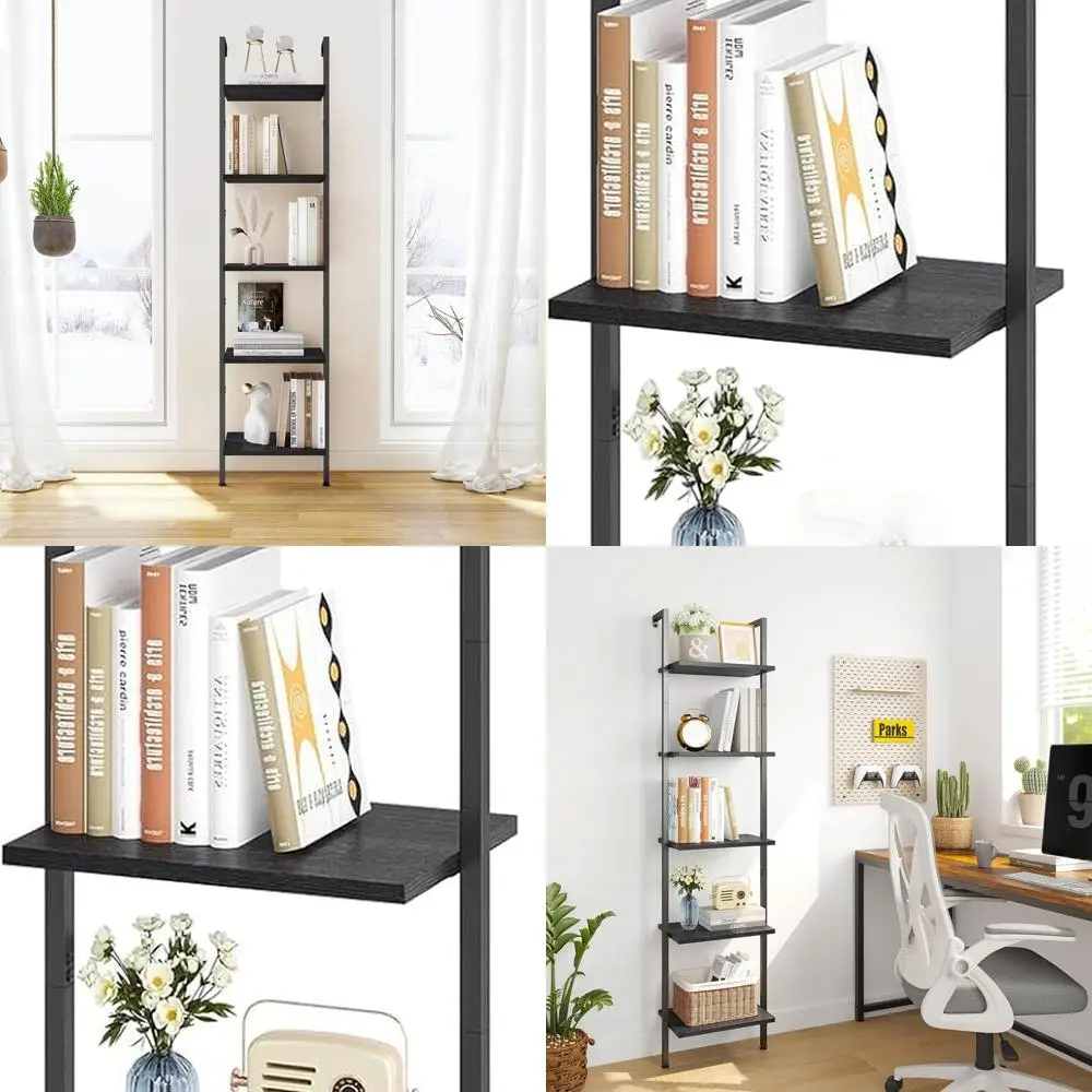 Vintage 5-Tier Metal Framed Wood Bookshelf - Wall Mounted Display Rack for Home & Office, Black