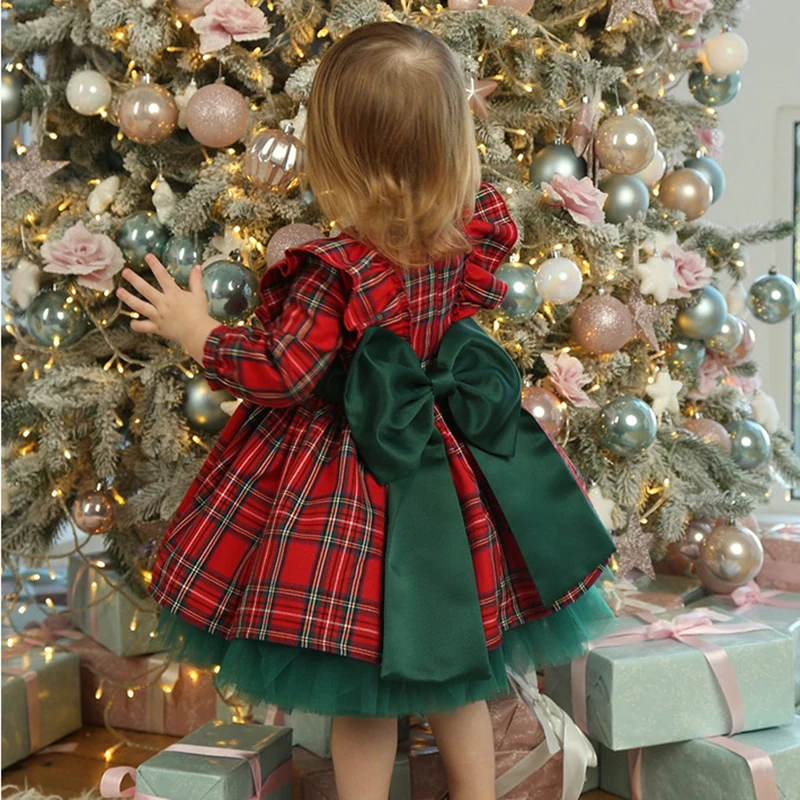 

New 6M-5 Years Christmas Dress For Girls Toddler Kids Red Green Plaid Bow Dresses For Girl Xmas Party Princess Costumes Clothes