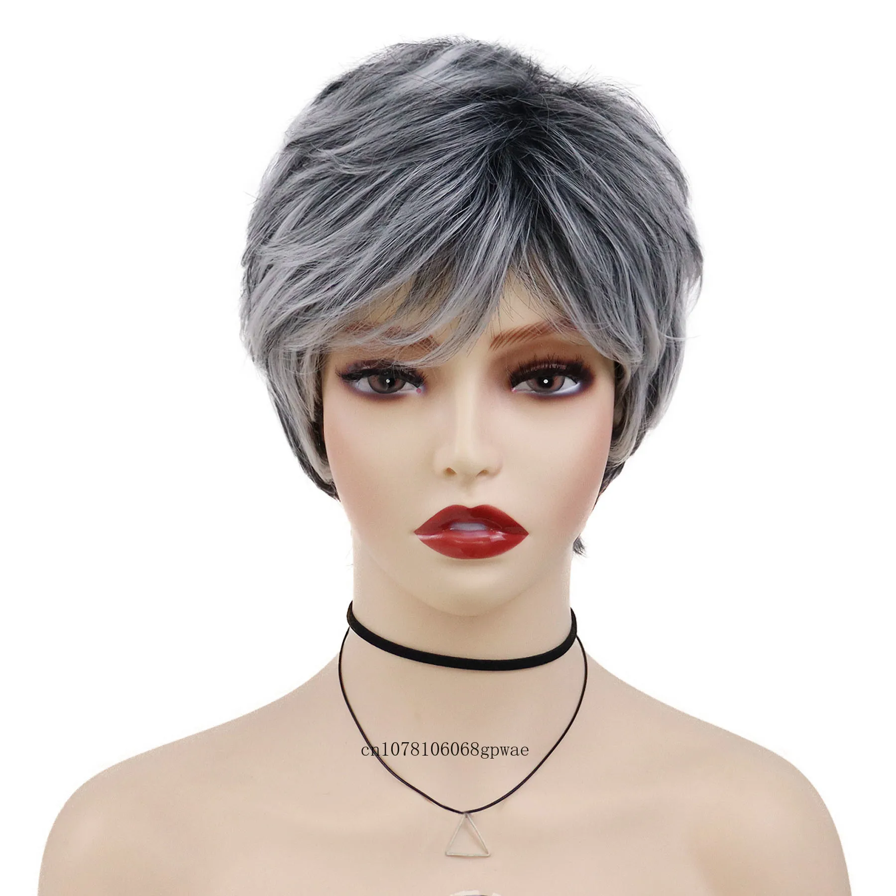 Synthetic Hair Mix Grey Wig with Bangs for Women Lady Grandma Short Pixie Cut Highlight Wigs Daily Cosplay Costume Party Use