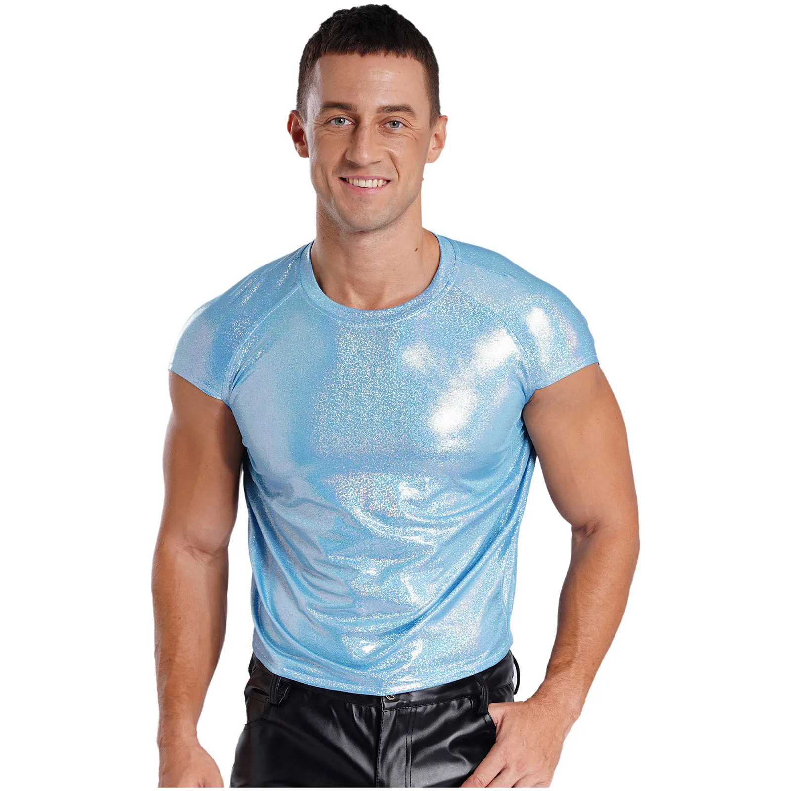 

Mens Shiny Colorful Dance Shirt Top Costume Round Neck T-shirt For Festival Dance Show Carnival Stage Performance Night Club