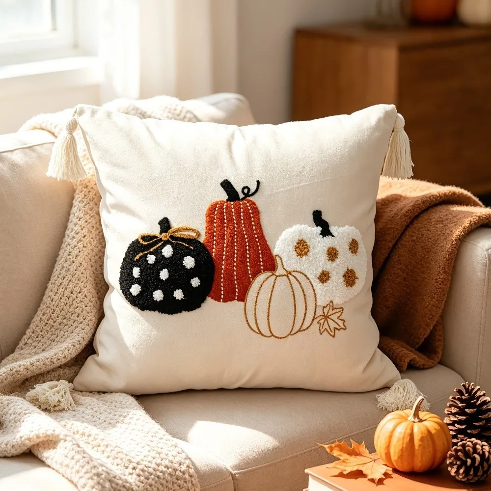 New Pumpkin Tufted Throw Pillow Cover Rustic Style Maple Leaves Cushion Cover Soft Square Pillow Covers Fall Decor