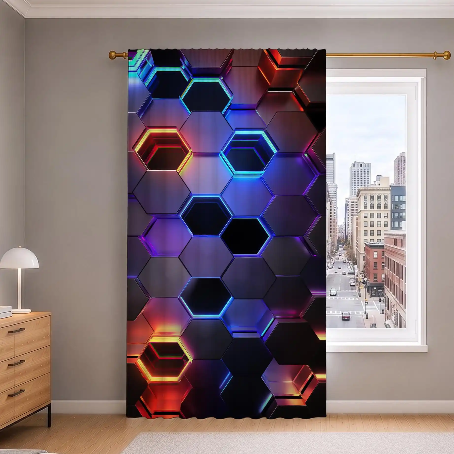 Modern Geometric Hexagon Pattern Curtains for Living Room Home Decor Energy Saving Light Filtering Window Cover